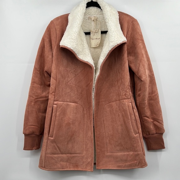 🆕Hem & Thread Sherpa Jacket Suede Outer Texture Dark Orange Cream S,M & Large - Picture 2 of 10